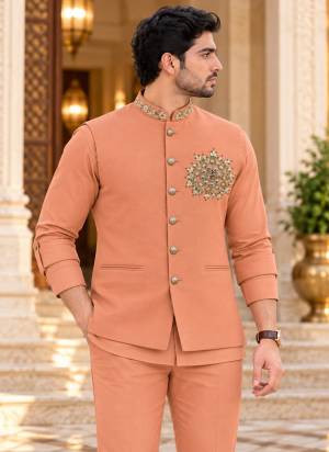 Looking These Party Wear Mans Wear Shirt Pant With Koti wearing this fashionable. This Shirt Pant And Koti Are Viscose Linen Fabriced With Sold With Hand Work Designer.