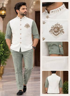 Looking These Party Wear Mans Wear Shirt Pant With Koti wearing this fashionable. This Shirt Pant And Koti Are Viscose Linen Fabriced With Sold With Hand Work Designer.