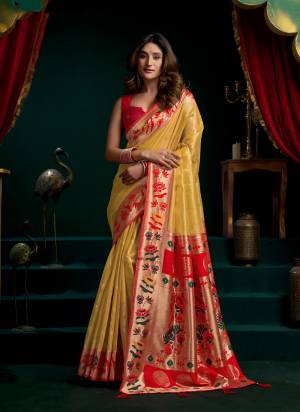 Garb These Fancy Party Wear Saree in Fine Colored.These Saree Are Tissue Silk And Blouse is Tissue Silk Fabricated.Its Beautified With Woven Jacquard Meenakari Paithani Pallu Border Designer.