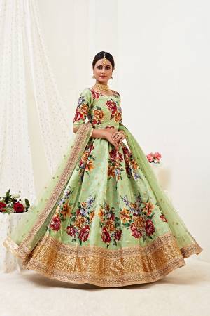 Heavy Designer Lehenga Choli In Banglori Satin Fabricated On Floral Print With Dori,Jari & Sequance Work With Net Beautified With Heavy Attractive Embroidery. 