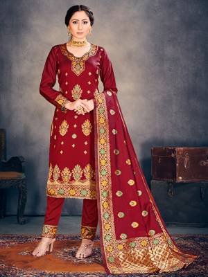 Maroon Color Banarasi Art Silk Top With Maroon Color Banarasi Art Silk  And Maroon Color Dupatta.  Woven Design Unstitched  Salwar Suit 