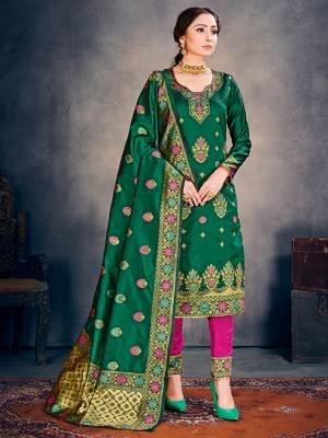 Green Color Banarasi Art Silk Top With Pink Color Banarasi Art Silk  And Green Color Dupatta.  Woven Design Unstitched  Salwar Suit 