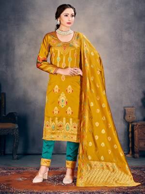 Mustard Color Banarasi Art Silk Top With Teal Color Banarasi Art Silk  And Mustard Color Dupatta.  Woven Design Unstitched  Salwar Suit 