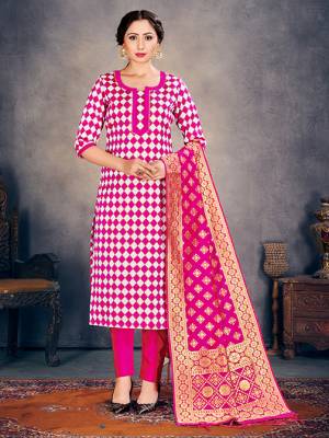 Pink Color Banarasi Art Silk Top With Pink Color Banarasi Art Silk  And Pink Color Dupatta.  Woven Design Unstitched  Salwar Suit 