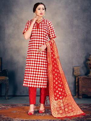 Red Color Banarasi Art Silk Top With Red Color Banarasi Art Silk  And Red Color Dupatta.  Woven Design Unstitched  Salwar Suit 