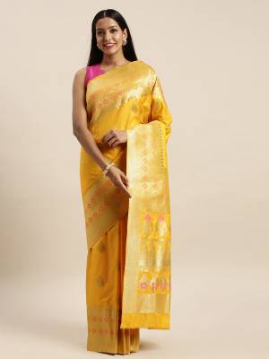 Adorn The Pretty Angelic Look Wearing This Heavy Designer Saree In Fine Color Paired With Contrasting Colored Blouse. This Saree Is Fabricated On Jacquard Silk Paired With Jacquard Silk Fabricated Blouse. Its Pretty Color Pallete Will Give An Attractive Look To Your Personality. 