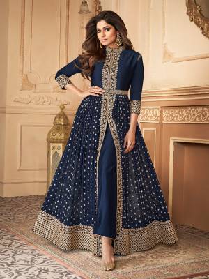 super model looks more beautiful in this fox georgette abaya style anarkali suit with embroidered decorative foliage and . Comes with matching bottom and dupatta.