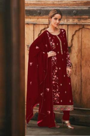 Celebrate This Festive Season With Beauty And Comfort In This Designer Straight Suit In All Over Dark Color. Its Embroidered Top And Dupatta Are Fabricated On Faux Georgette & Chinon Paired With Santoon Fabricated Bottom. Get This Semi-Stitched Suit Now. 