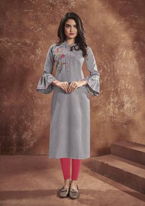 Grab This Readymade Long Kurti In Fine Color Fabricated On Cotton Beautified With Designer Embroidery And Baloon Slives. It Is Light In Weight And Easy To Carry All Day Long. 