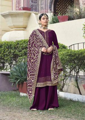 Attract All Wearing This Designer Suit In Fine Burgundy Color. Its Pretty Top Is Fabricated On Georgette In Embroidery And Diamond Paired With Santoon Fabricated Bottom and Georgette In Heavy Embroidery Dupatta. Buy This Pretty Piece Now.