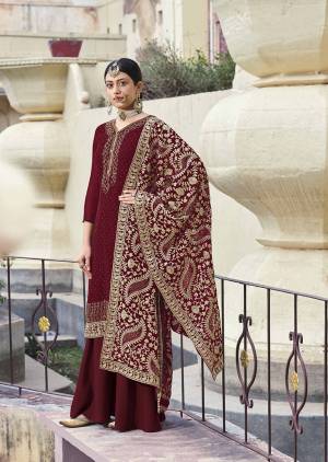 Attract All Wearing This Designer Suit In Fine Maroon Color. Its Pretty Top Is Fabricated On Georgette In Embroidery And Diamond Paired With Santoon Fabricated Bottom and Georgette In Heavy Embroidery Dupatta. Buy This Pretty Piece Now.