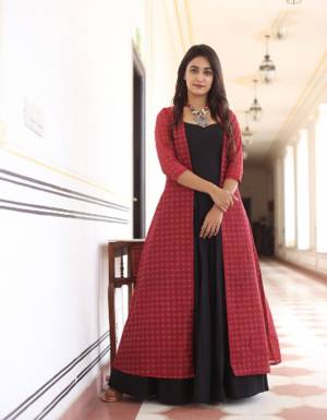 Flaunt Your Rich And Elegant Taste Wearing This Designer Readymade Long Gown In Black Color And Jacket In Wine Color. This  Pretty Gown Is Fabricated On Maslin Beautified And Jacket Is Chanderi Silk Are Digital Print . Its Fabric Is Soft Towards Skin And Easy To Carry All Day Long. 