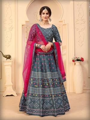 Fancy Designer Lehenga Choli In Grey Color Fabricated On Art Silk Beautified With Attractive Digital Printed And Dupatta In Pink Color On Pink Fabricated. 