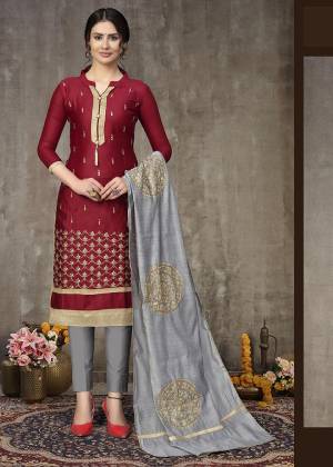 Grab This Designer Straight Suit For Your Semi-Casual Wear In Fine Color Paired With Contrasted Colored Bottom and Dupatta. Its Top Are Glass Cotton With Embroidery and Dupatta Are Chanderi Gotta Work Based Paired With Cotton Bottom. 