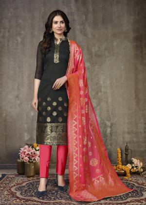 Grab This Designer Straight Suit For Your Semi-Casual Wear In Fine Color Paired With Contrasted Colored Bottom and Dupatta. Its Top Are Glass Cotton With Embroidery and Dupatta Are Banarasi Jacquard Based Paired With Cotton Bottom. 