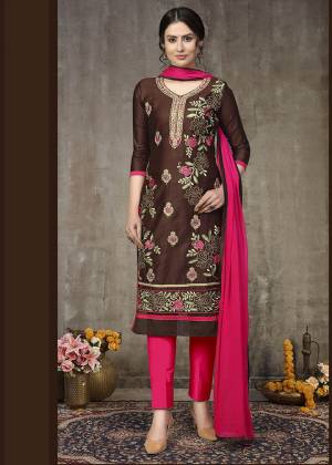 Grab This Designer Straight Suit For Your Semi-Casual Wear In Fine Color Paired With Contrasted Colored Bottom and Dupatta. Its Top Are Glass Cotton With Embroidery and Dupatta Are Naznin Based Paired With Cotton Bottom. 