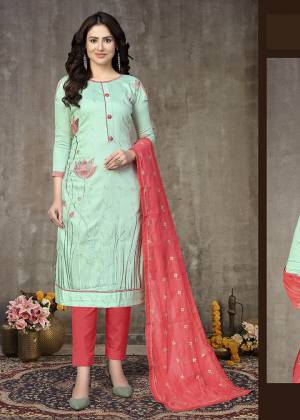 Grab This Designer Straight Suit For Your Semi-Casual Wear In Fine Color Paired With Contrasted Colored Bottom and Dupatta. Its Top Are Glass Cotton With Embroidery and Dupatta Are Chandei Work Based Paired With Cotton Bottom. 