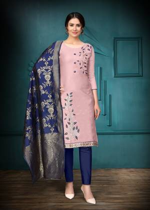 Grab This Designer Straight Suit For Your Semi-Casual Wear In Fine Color Paired With Contrasted Colored Bottom and Dupatta. Its Top Are Glass Cotton With Embroidery and Dupatta Are Banarasi Jacquard Based Paired With Cotton Bottom. 