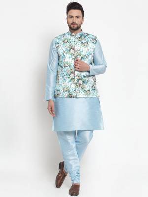 Here Is A Rich And Decent Looking Readymade Pair Of Men's Kurta Pyjama With Jacket. This Kurta And Pyjama Are Fabricated On Raw Silk Paired With Satin Printed Fabricated Jacket. Buy This Pair For The Upcoming Wedding And Festive Season. 

