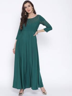 Grab This Readymade Long Kurti In Blue Green Color Fabricated On Crepe Beautified WithFlared Party Wear Dress. It Is Light In Weight And Easy To Carry All Day Long. 