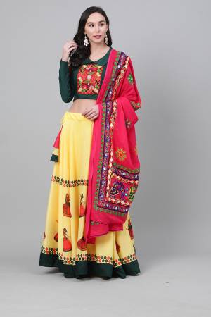 Celebrate This Festive Season With Beauty And Comfort Wearing This Lovely Digital Printed With Real Mirror Designer Lehenga Choli In Rama Colored Blouse Paired With Yellow Colored Lehenga And Red Dupatta. This Pretty Blouse And Lehenga Are Soft Cotton Based Paired With Cotton Fabricated Dupatta