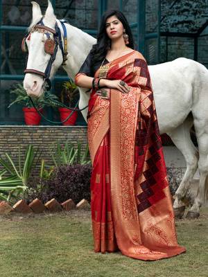 Celebrate This Festive Season In This Very Pretty Weaving Jacquard Red Colored Designer Saree Paired With Contrasting Black Colored Blouse. This Saree and Blouse Are Banarasi Silk Based. 