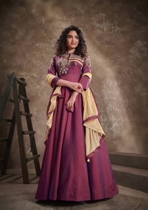 Flaunt Your Rich And Elegant Taste Wearing This Designer Readymade Long Gown In Fine Color With Dupatta. This  Pretty Gown Is Fabricated On Triva Silk Beautified With Heavy Thread Embroidery Work And Chinon Fabriced Dupatta. Its Fabric Is Soft Towards Skin And Easy To Carry All Day Long. 