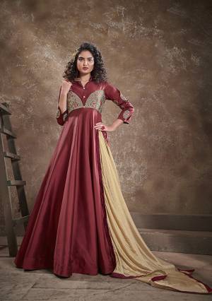 Flaunt Your Rich And Elegant Taste Wearing This Designer Readymade Long Gown In Fine Color With Dupatta. This  Pretty Gown Is Fabricated On Triva Silk Beautified With Heavy Thread Embroidery Work And Chinon Fabriced Dupatta. Its Fabric Is Soft Towards Skin And Easy To Carry All Day Long. 