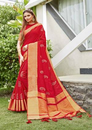 Celebrate This Festive Season In This Very Pretty Wevon Pallu Border Red Colored Designer Saree Paired With Blouse. This Saree and Blouse Are Silk Based Beautified With Detailed Embroidery. 