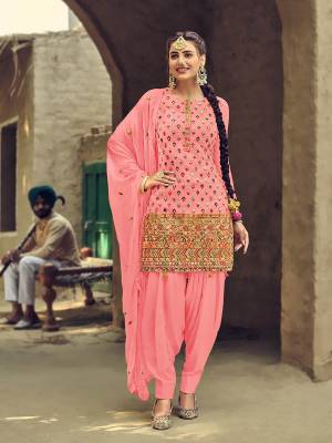 Grab This Pretty Designer Embroidery Patiyala Dress Material In Fine Color. Its Top Are Faux Georgette And Bottom Are Fabricated On Santoon Paired With Naznin Fabricated Dupatta. Get This Stitched As Per Your Desired Fit And Comfort.