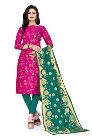 Lovelly Look This Designer Wevon Jacquard Designer Dress Material In Fine Colored Top Paired With Dupatta Are Banarasi Jacquard Silk And Bottom Are Tapeta Silk. 