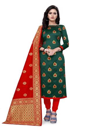 Lovelly Look This Designer Wevon Jacquard Designer Dress Material In Fine Colored Top Paired With Dupatta Are Banarasi Jacquard Silk And Bottom Are Tapeta Silk. 