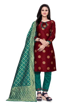 Lovelly Look This Designer Wevon Jacquard Designer Dress Material In Fine Colored Top Paired With Dupatta Are Banarasi Jacquard Silk And Bottom Are Tapeta Silk. 