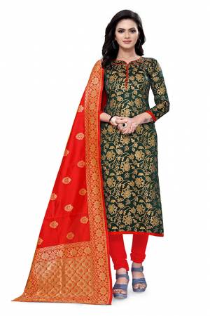 Attrective Look This Designer Wevon Jacquard Designer Dress Material In Fine Colored Top Paired With Dupatta Are Banarasi Jacquard Silk And Bottom Are Tapeta Silk. 