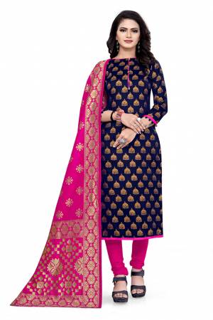 Attrective Look This Designer Wevon Jacquard Designer Dress Material In Fine Colored Top Paired With Dupatta Are Banarasi Jacquard Silk And Bottom Are Tapeta Silk. 