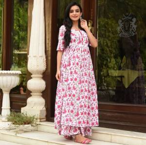 Simple and Elegant Looking Readymade Pair Of Kurti And Plazzo Is Here In Light Color, This Pretty Pair Is Fabricated On Maslin Beautified With Digital Prints, Also It Is Available In All Regular Sizes.