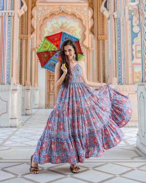 Your Rich And Elegant Taste Wearing This Designer Readymade Long Gown In Blue Color. This  Pretty Gown Is Fabricated On Maslin with Cotton Crepe Inner Beautified With Digital Printed With Matching Mask. Its Fabric Is Soft Towards Skin And Easy To Carry All Day Long. 