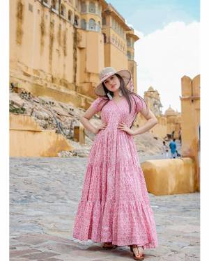 Your Rich And Elegant Taste Wearing This Designer Readymade Long Gown In Pink Color. This  Pretty Gown Is Fabricated On Maslin with Cotton Crepe Inner Beautified With Digital Printed With Matching Mask. Its Fabric Is Soft Towards Skin And Easy To Carry All Day Long. 