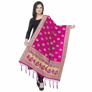 Enhance The Look Of Your Gown, Lehenga Or Even Kurti With This Pretty Wevon Designer Jacquard Fabricated Dupatta. You Can Pair This Up Same Or Contrasting Colored Attire. Buy Now.