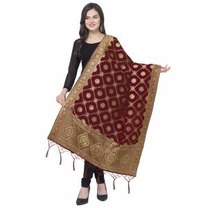 Enhance The Look Of Your Gown, Lehenga Or Even Kurti With This Pretty Wevon Designer Jacquard Fabricated Dupatta. You Can Pair This Up Same Or Contrasting Colored Attire. Buy Now.