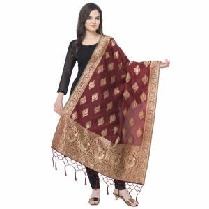 Enhance The Look Of Your Gown, Lehenga Or Even Kurti With This Pretty Wevon Designer Jacquard Fabricated Dupatta. You Can Pair This Up Same Or Contrasting Colored Attire. Buy Now.