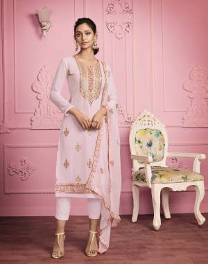 Look Pretty This Designer Long Length Suit In Lovely Light Color.?Its Pretty Heavy Designer Embroidred Top Is Georgette Based Paired With Santoon Bottom And Georgette Fabricated Dupatta Which Gives An Attractive To The Suit.