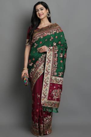 Adorn The Pretty Angelic Look Wearing This Heavy Designer Patola Embroidery,Diamond Work Half Half Saree With Contrasting Blouse. This Saree Is Fabricated On Soft Silk Paired With Satin Silk Fabricated Blouse. Its Pretty Color Pallete Will Give An Attractive Look To Your Personality. 