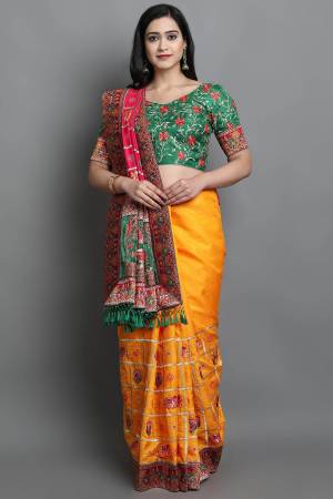 Adorn The Pretty Angelic Look Wearing This Heavy Designer Patola Embroidery,Diamond Work Half Half Saree With Contrasting Blouse. This Saree Is Fabricated On Soft Silk Paired With Satin Silk Fabricated Blouse. Its Pretty Color Pallete Will Give An Attractive Look To Your Personality. 