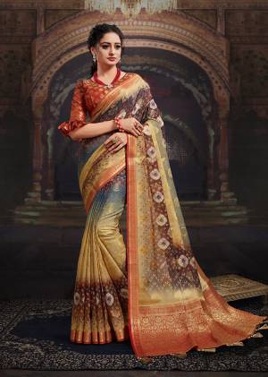 Look Traditional Ethnic Wear Saree Are Fine Saree Paired With Matching Blouse.This Heavy Designer Wevon Work With Bandhej Digital Printed Saree And Blouse Are Chanderi Fabric. Which Gives A Rich Look To Your Personality. Buy This Pretty Saree Now.