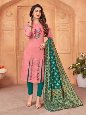 Look Pretty This Designer Long Length Suit In Lovely Fine Light Color.?Its Pretty Designer Thread Embroidred Work Top Is Handloom Slub Based Paired With Cotton Bottom And Banarasi Silk Wevon Designer Fabricated Work Dupatta Which Gives An Attractive To The Suit.