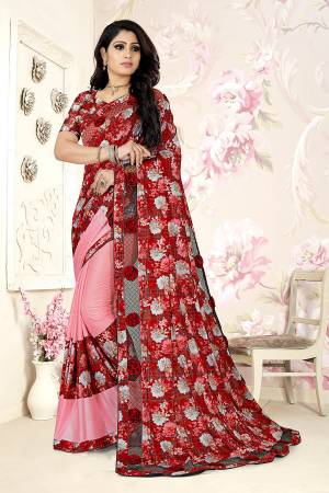 Looking This Party Wear Saree Are Fine Saree Paired With Blouse.This Heavy Designer Smok And Digital Printed With Cut Peach Work Saree And Blouse Are Spandex Poly Blend Fabric. Which Gives A Rich Look To Your Personality. 