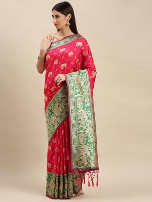 Attractive Wearing Look This Partywear Saree Are Fine Saree Paired With Blouse.  This Heavy Designer Weaving Work Saree And Blouse Are Banarasi Silk Based Fabric. Buy This Pretty Saree Now.