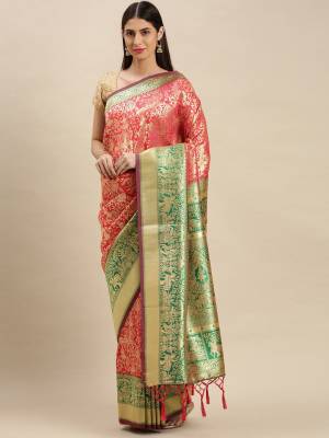 Attractive Wearing Look This Partywear Saree Are Fine Saree Paired With Blouse.  This Heavy Designer Weaving Work Saree And Blouse Are Banarasi Silk Based Fabric. Buy This Pretty Saree Now.