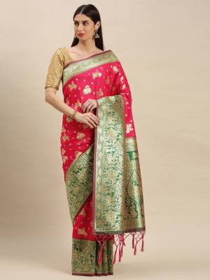 Garb This Partywear Saree Are Fine Saree Paired With Blouse.  This Heavy Designer Weaving Work Saree And Blouse Are Banarasi Silk Based Fabric. Buy This Pretty Saree Now.